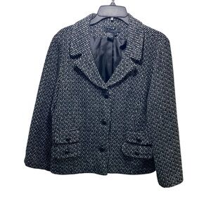Sandro Old Money Tweed Blazer Jacket 3 Button Preppy Black White Houndstooth L